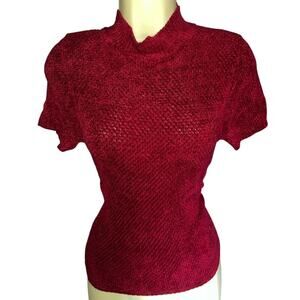 Vintage Burgundy Mock Neck Short Sleeve Knit Sweater Top Medium